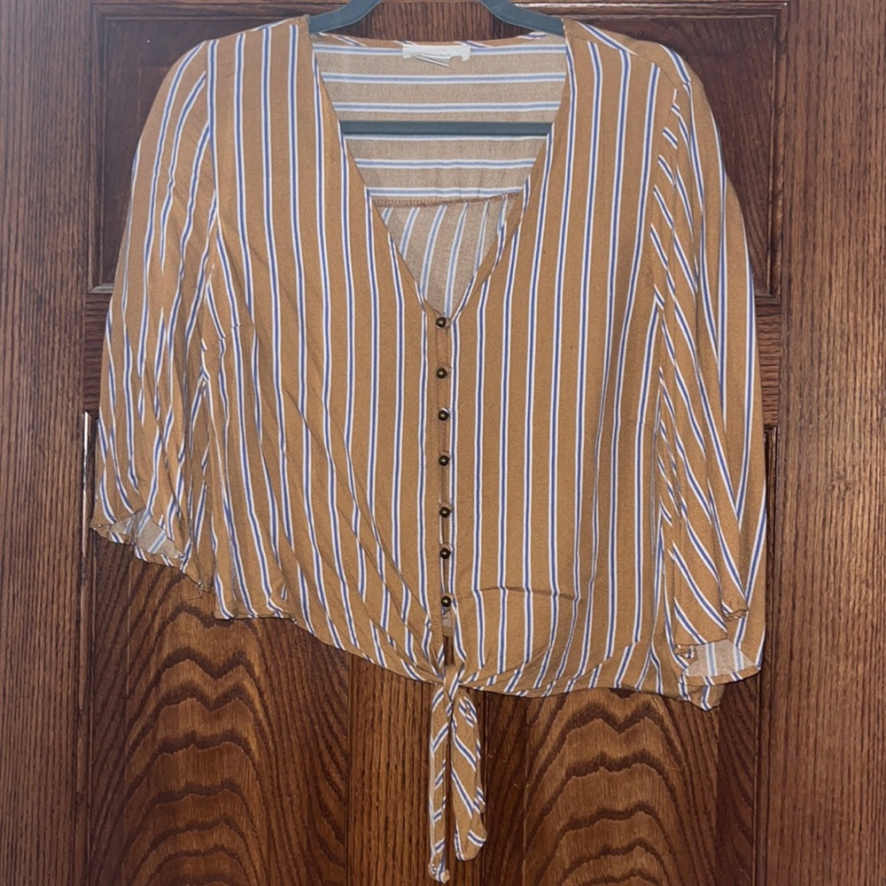 Gold and Blue Striped Tie-Front Top